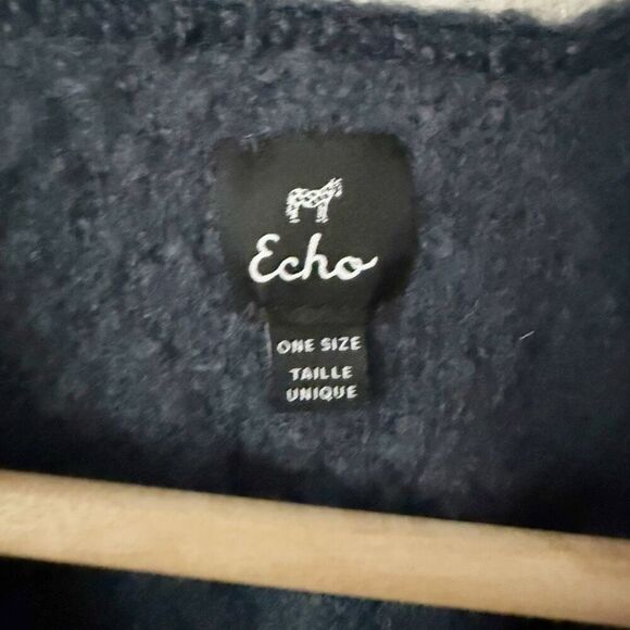 ECHO | Fringe Hem Fringed Bloucle 'Ruana' Navy Blue Fuzzy Wrap Poncho | OSFM - Picture 4 of 6